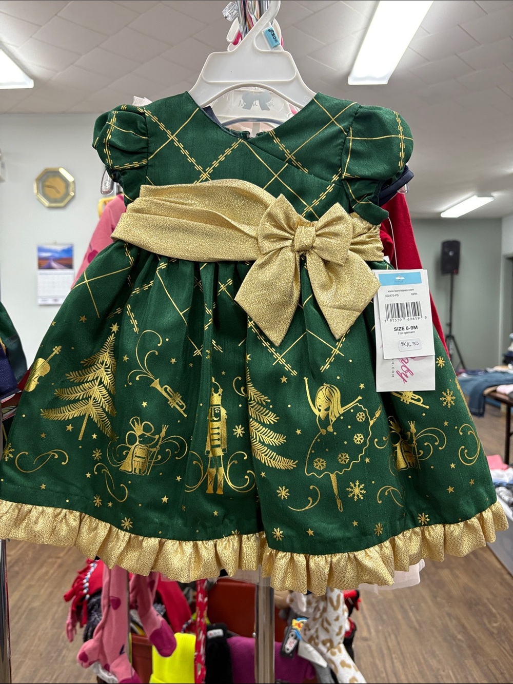 Bonnie Baby Green & Gold Holiday Nutcracker Dress